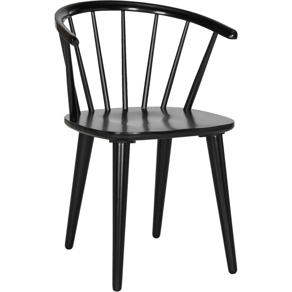 A black rubberwood chair pairs an arched spindle back with a smooth, rounded seat. || AMH8512A-SET2 || front_angle_studio