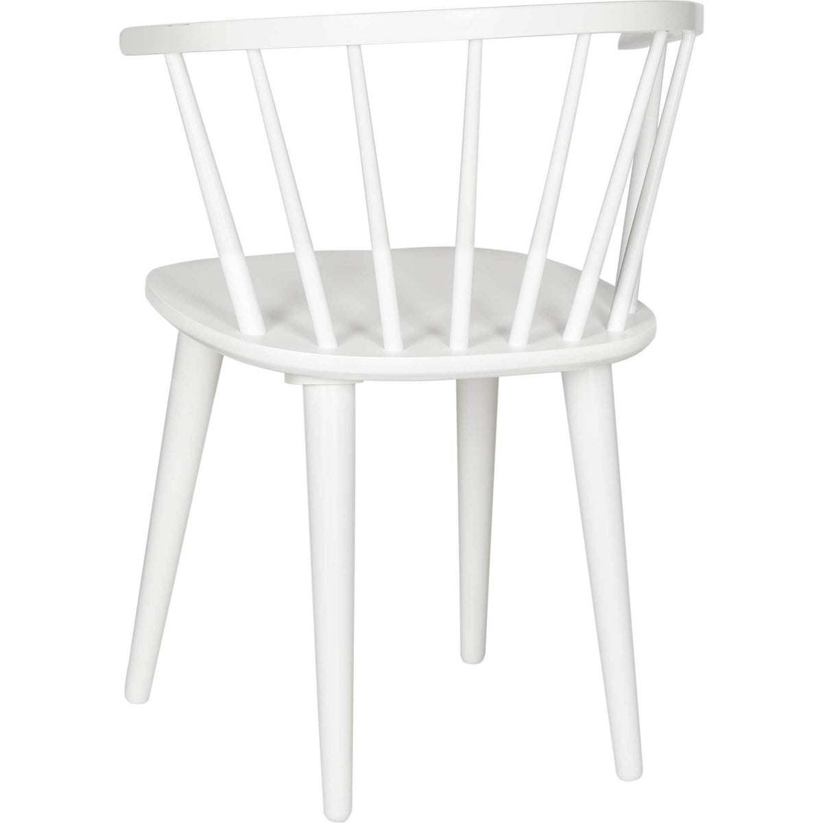 The curved white back rail and splayed legs add lightness to this wood chair.