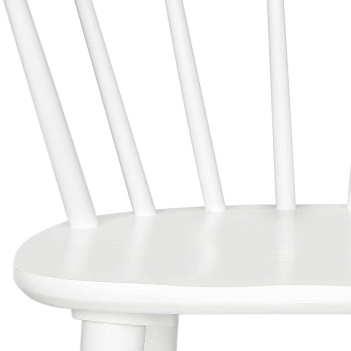 Smooth white wood emphasizes the soft seat edge and evenly spaced spindles.