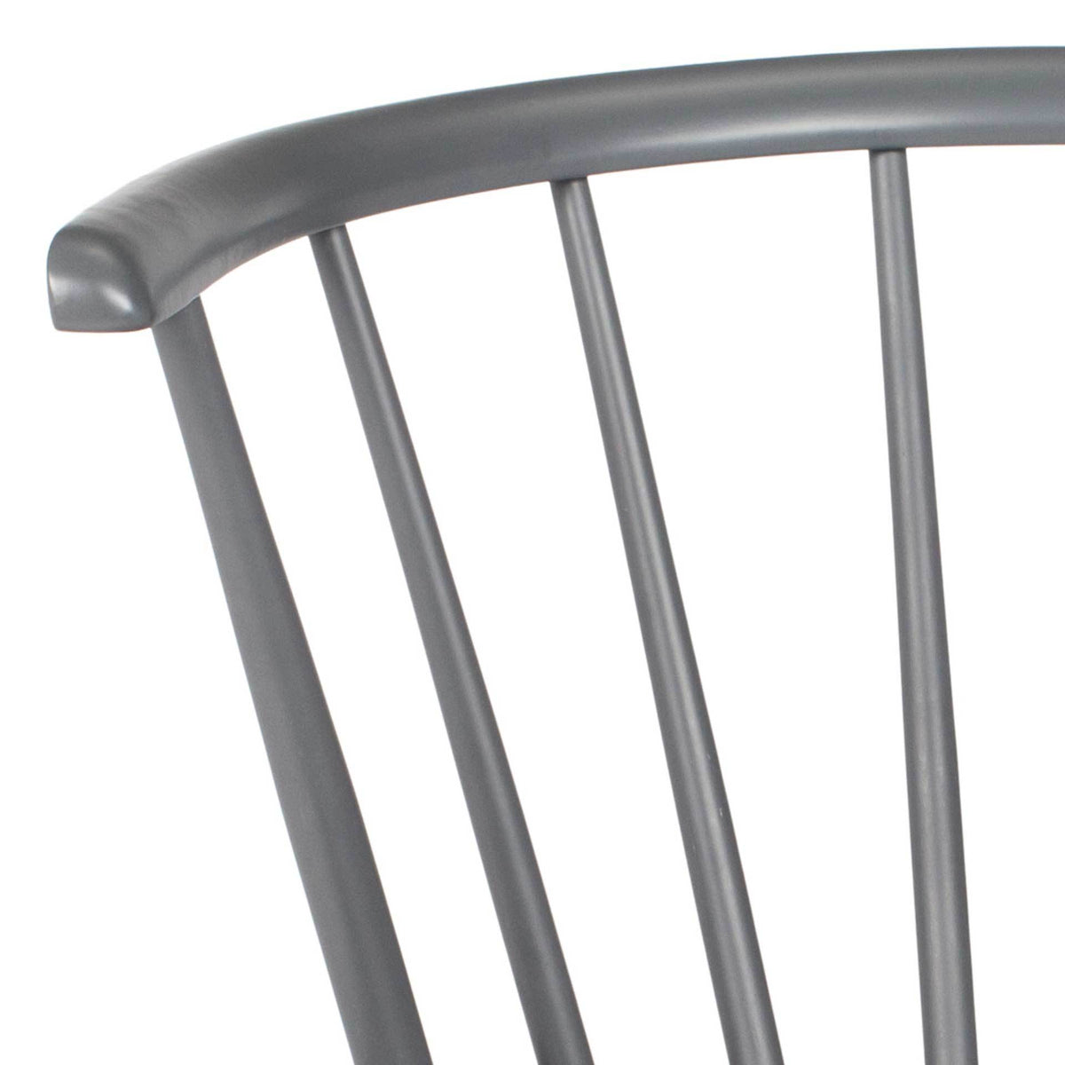 A gently curved gray back rail meets the chair's slender spindles.