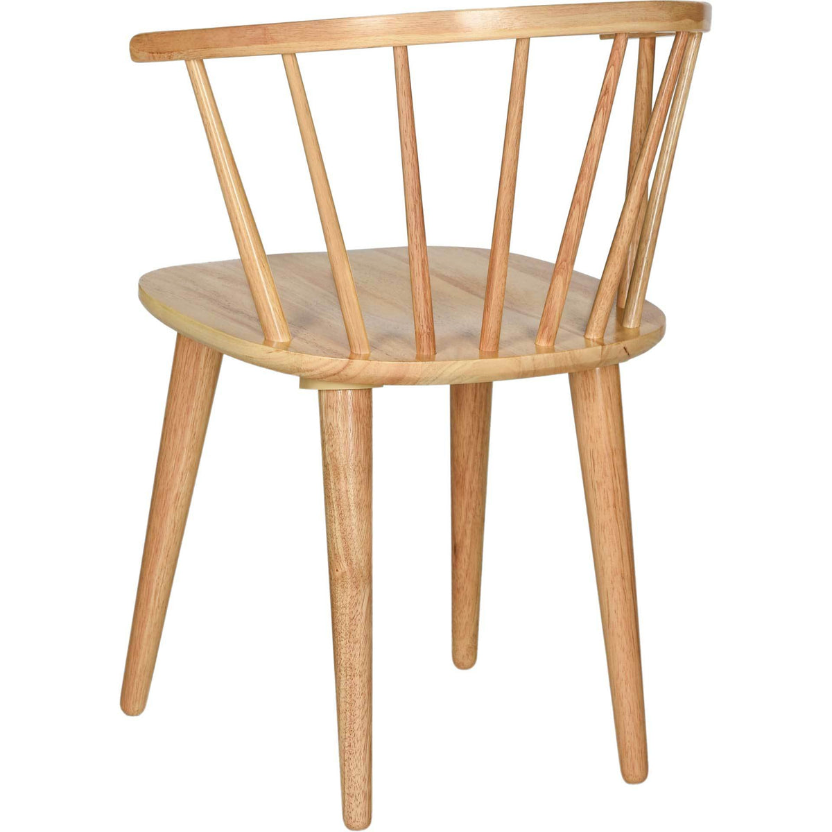 A sweeping wood rail and fanned spindles add charm above splayed natural wood legs.