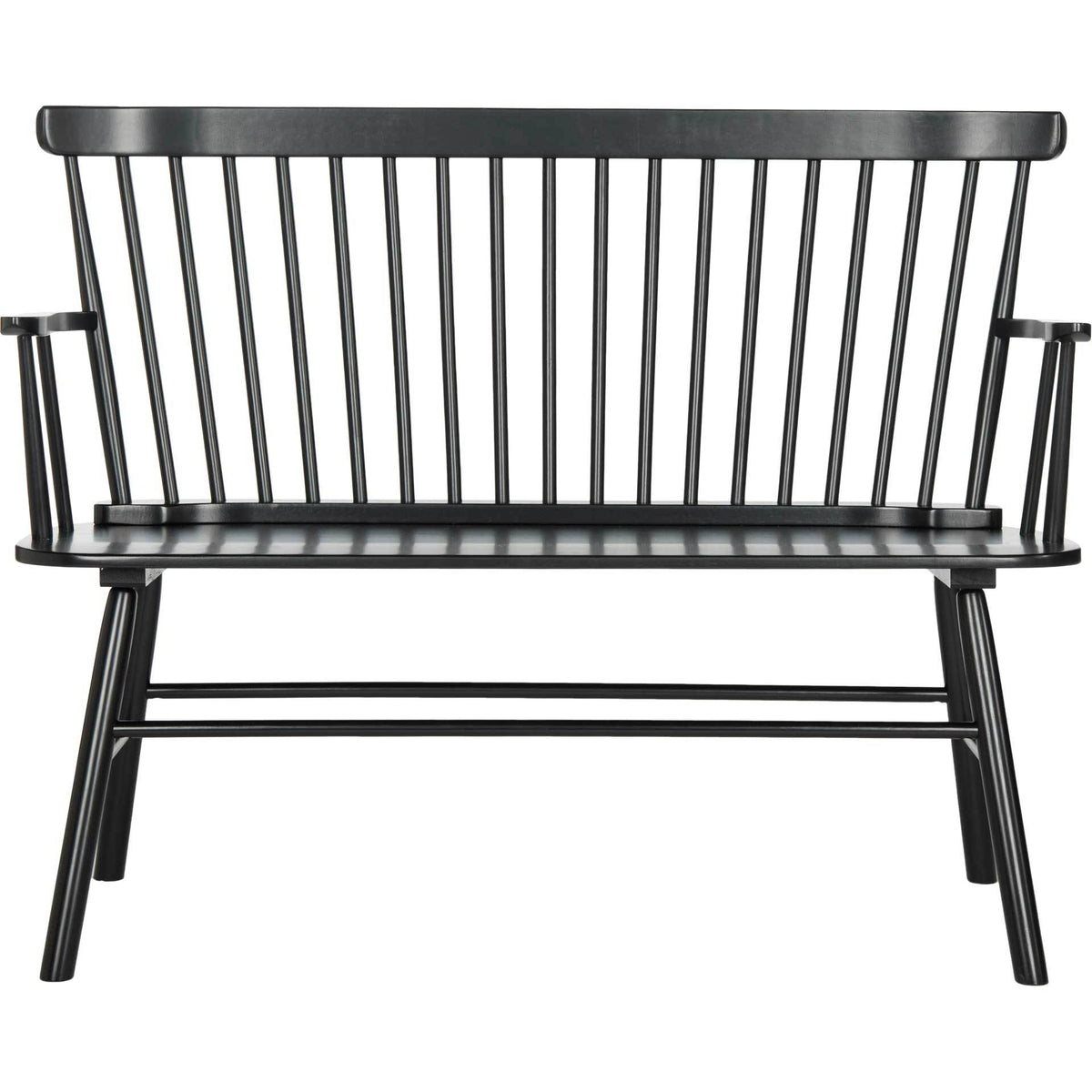 A long black wood seat sits beneath a tall spindle back and gently curving armrests. || AMH8513A || front_studio