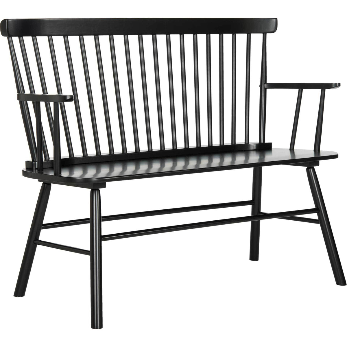 A black wood settee pairs a spindle back and open arms with splayed legs. || AMH8513A || front_angle_studio
