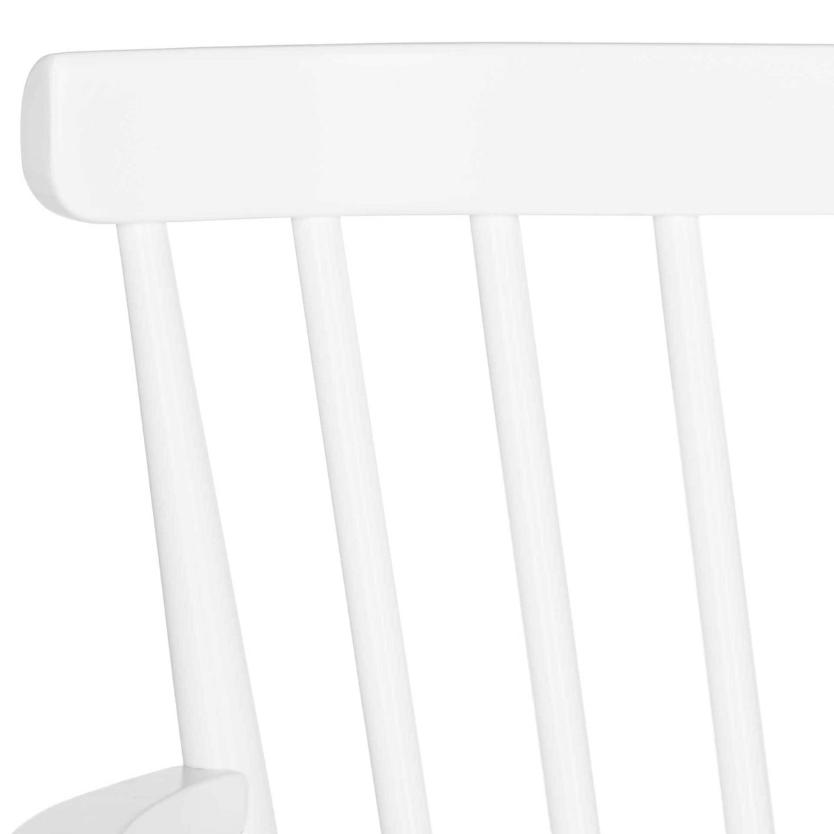 A softly rounded white top rail meets slim wood spindles in a crisp finish.
