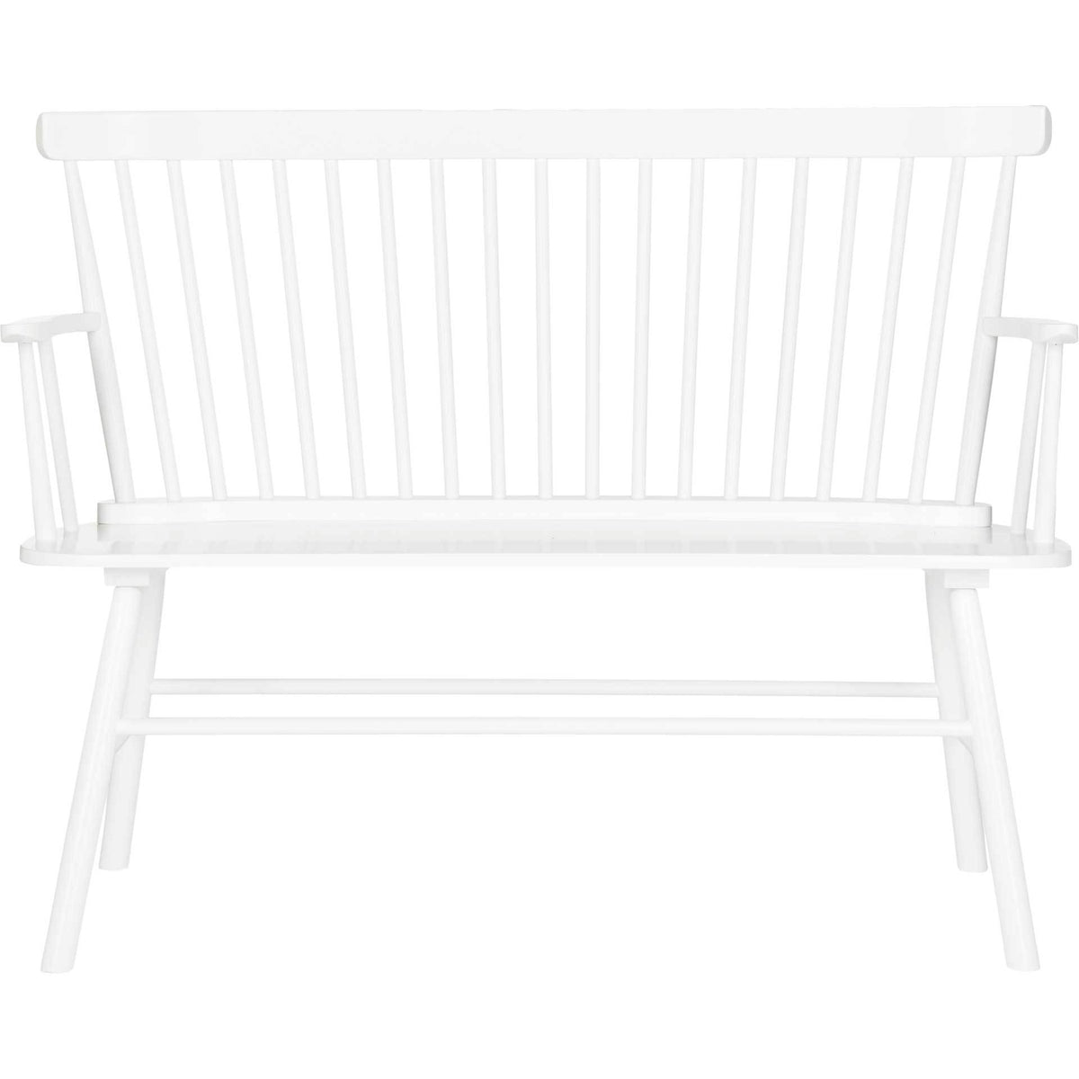 A white wood settee pairs a long, smooth seat with upright spindles and open arms. || AMH8513B || front_studio
