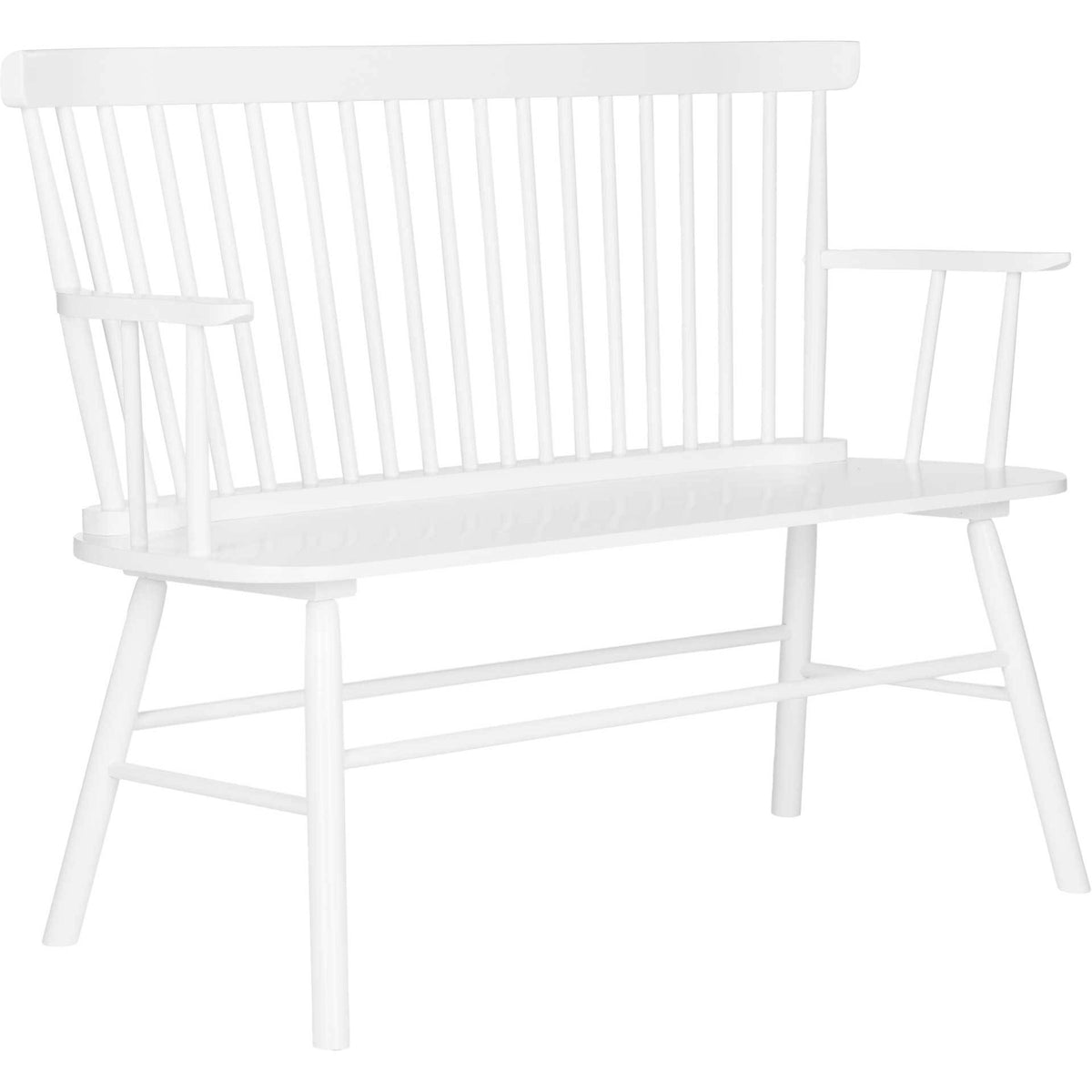 A clean white finish highlights the settee's spindle back, open arms and flared legs. || AMH8513B || front_angle_studio