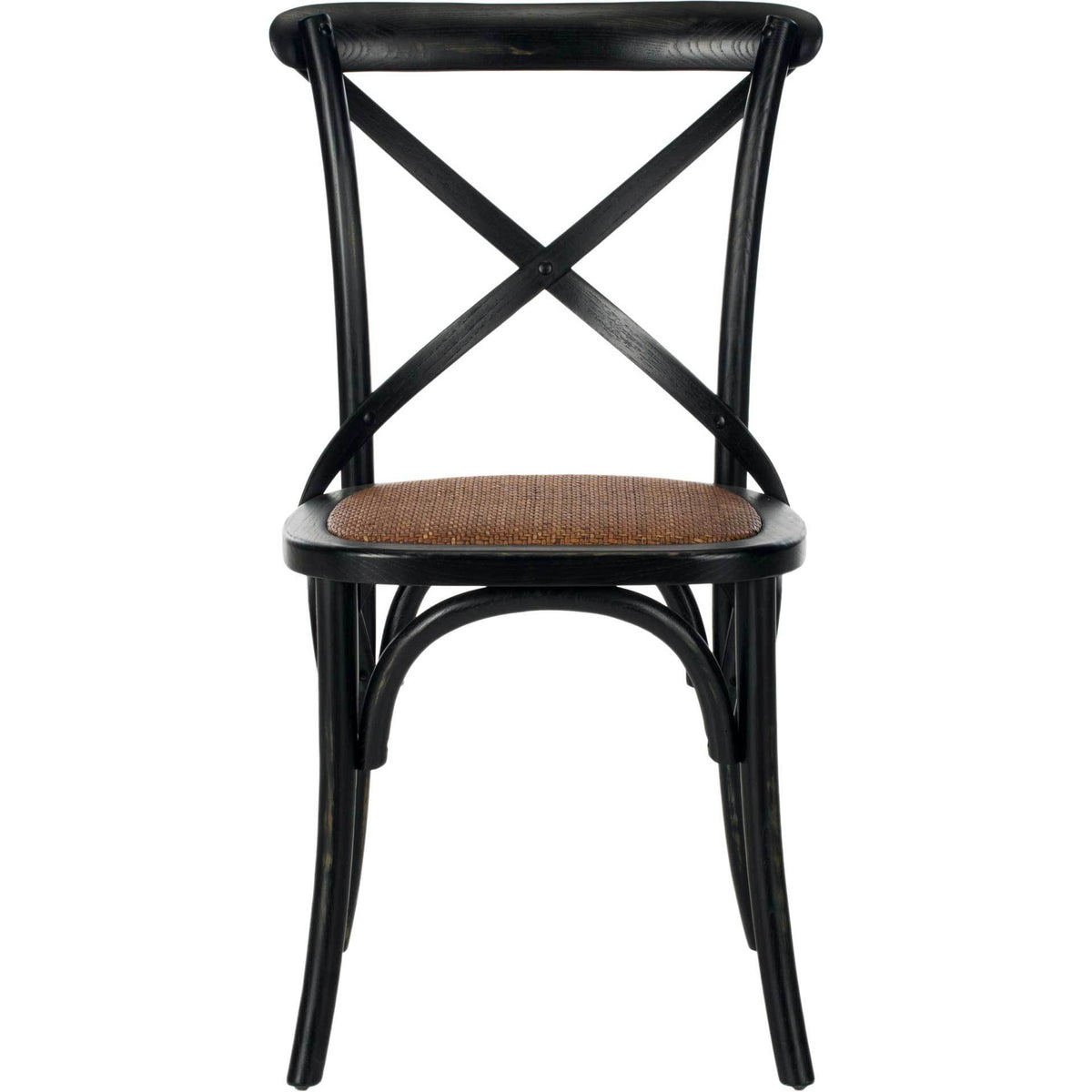 Antique black oak dining chair frames a brown rattan seat with a bold X-back and arch brace || AMH9500B-SET2 || front_studio