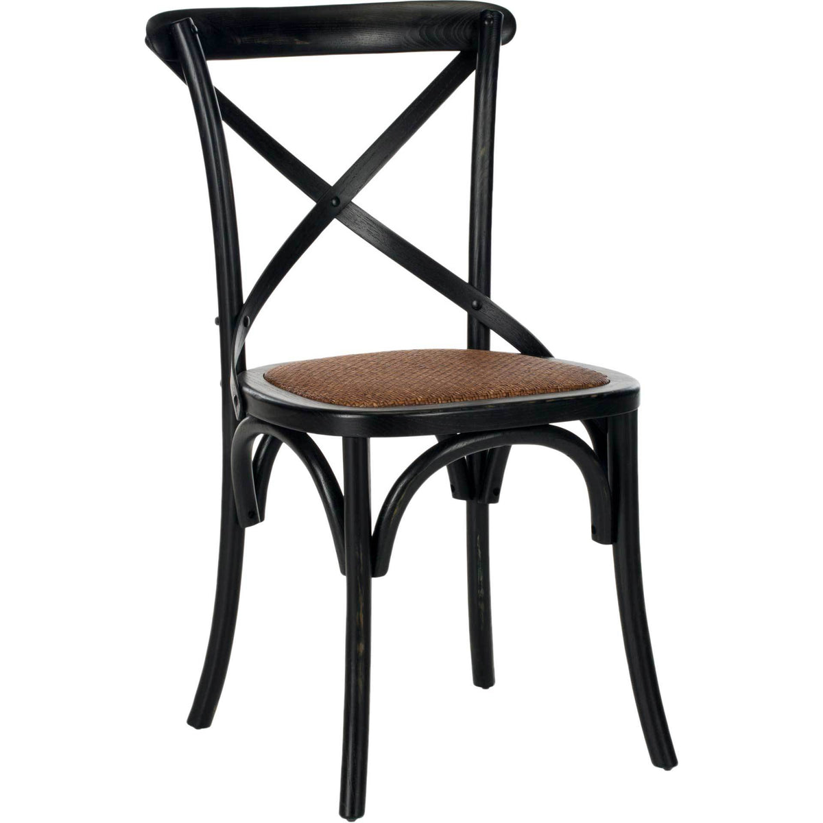 Antique black oak dining chair blends a woven rattan seat with curved legs and an open X-back || AMH9500B-SET2 || front_angle_studio