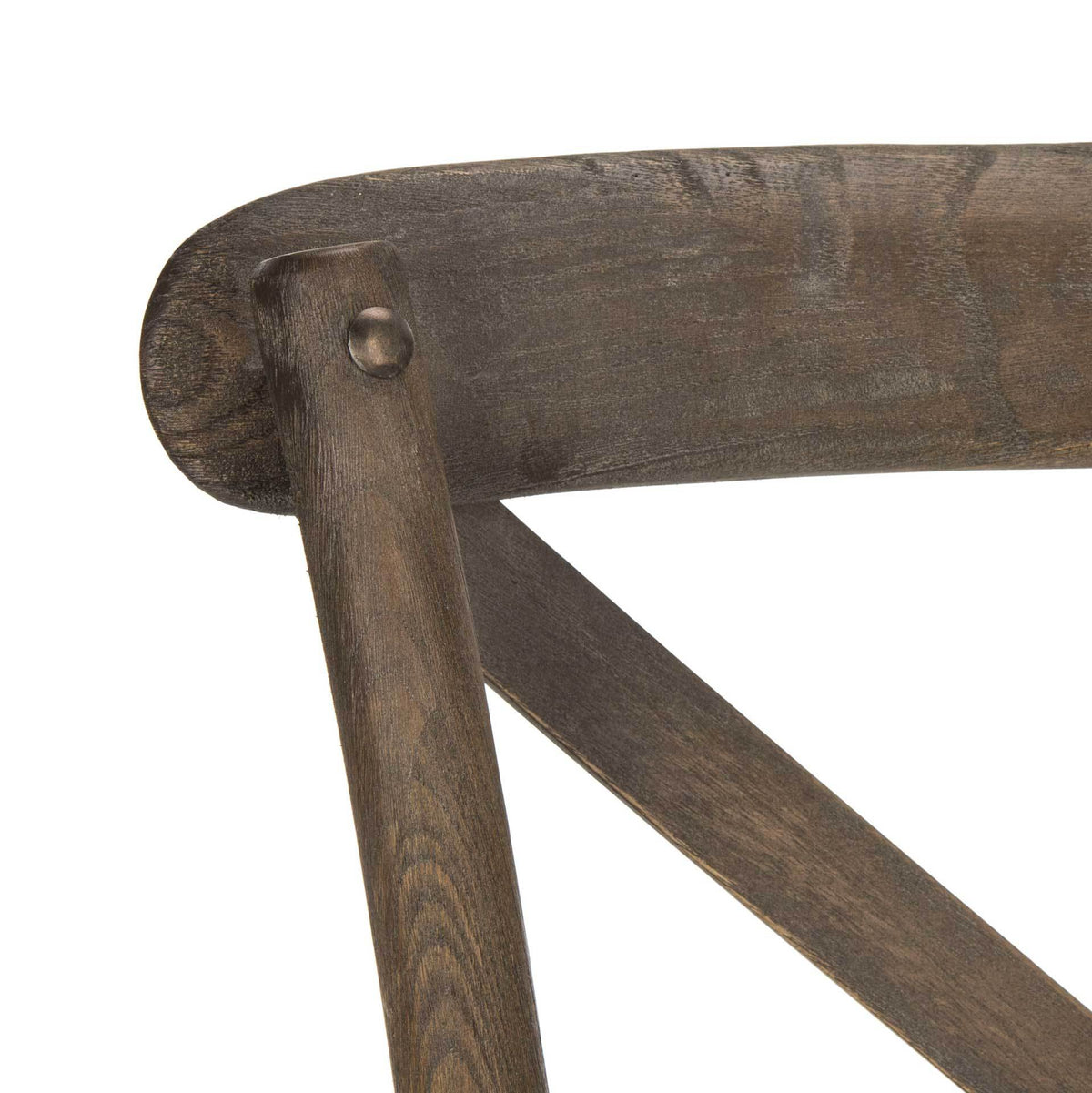 Weathered gray oak grain and a small metal fastener add character to the curved chair back