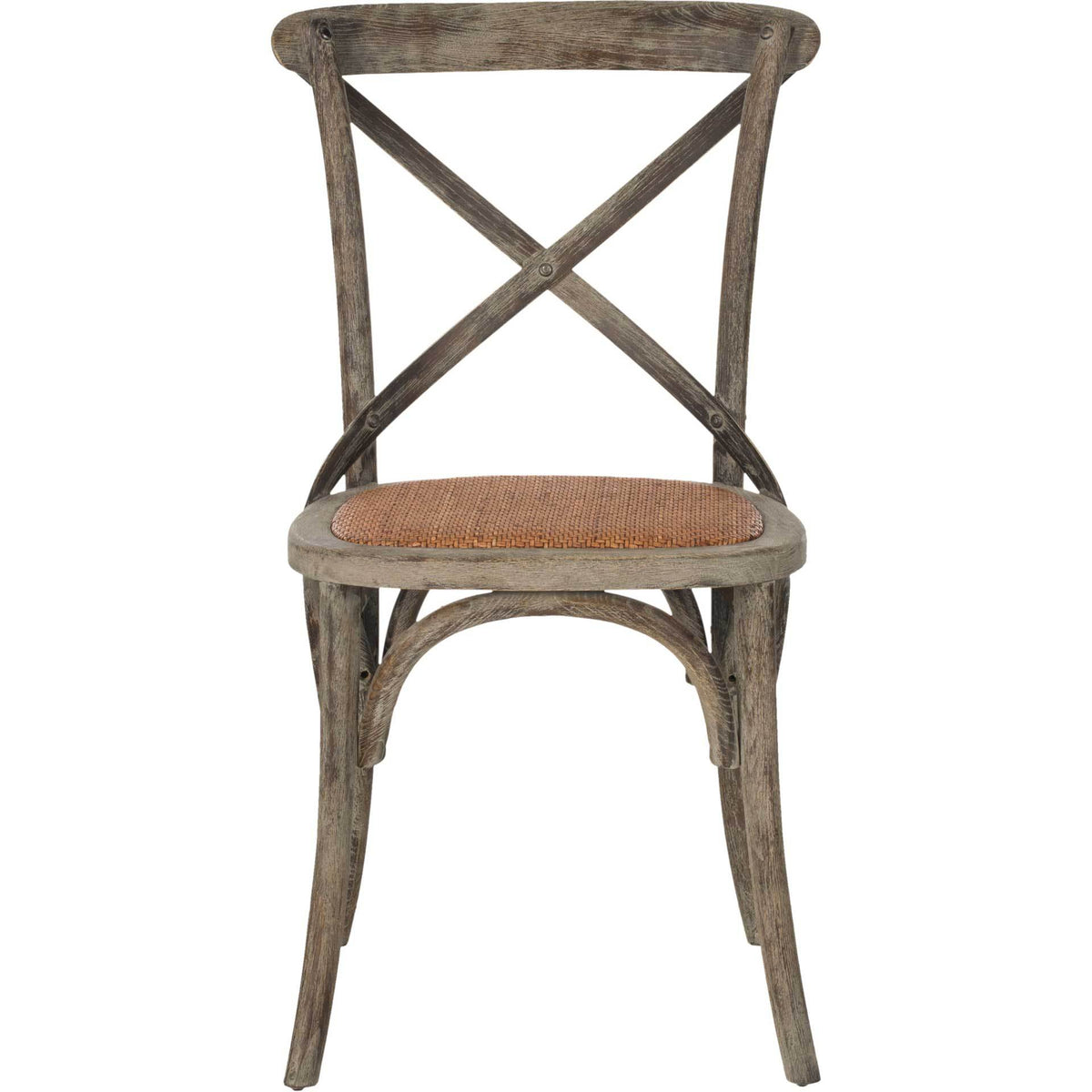 Weathered gray oak dining chair features a sculptural X-back and a warm woven rattan seat || AMH9500D-SET2 || front_studio