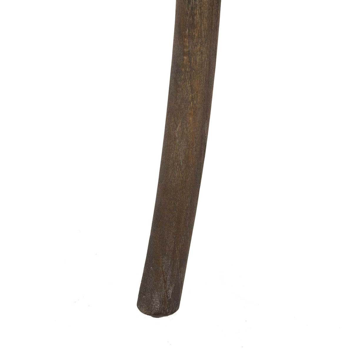 A gently curved oak chair leg displays rustic weathered gray grain