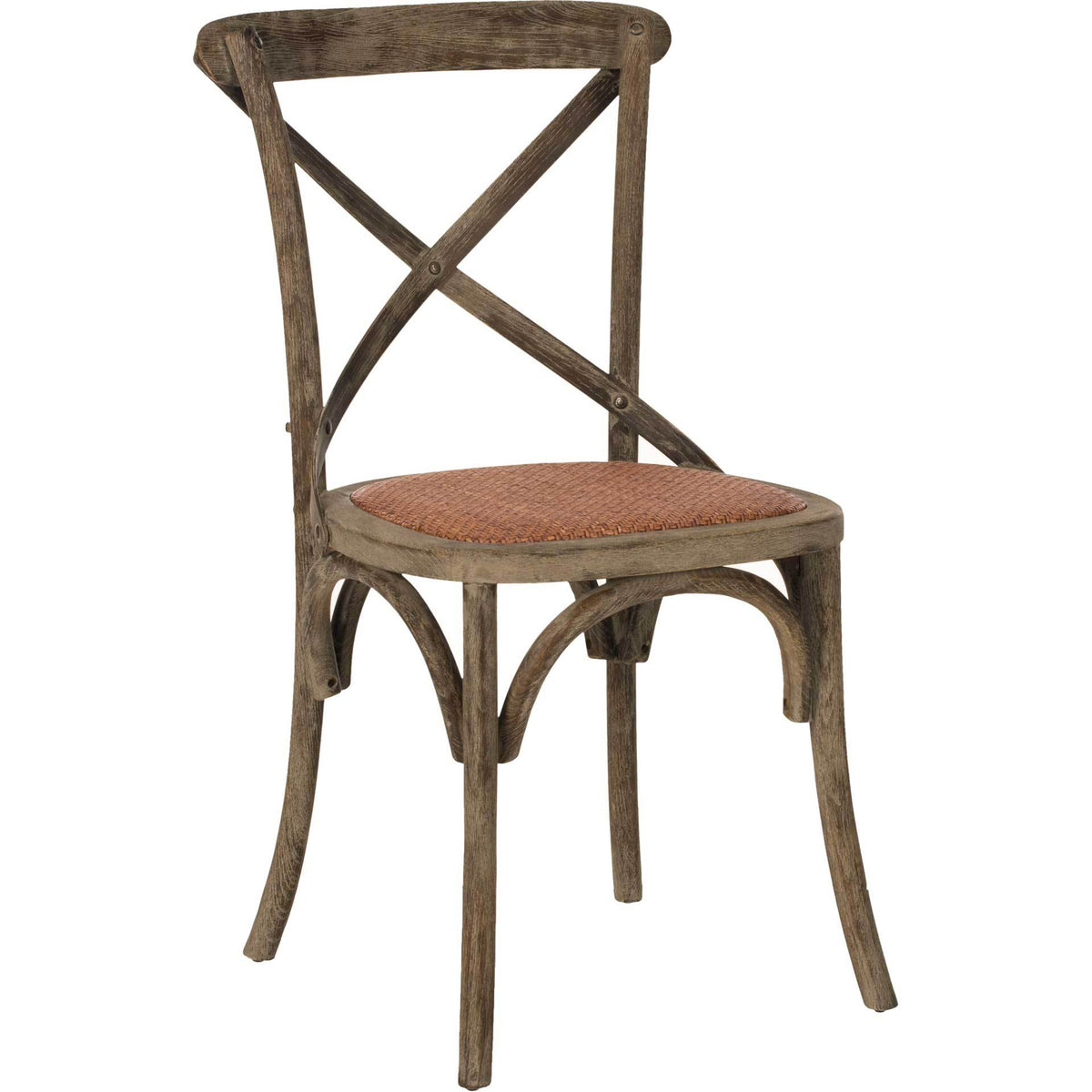 Weathered gray oak dining chair combines a woven rattan seat with an X-back and arched supports || AMH9500D-SET2 || front_angle_studio