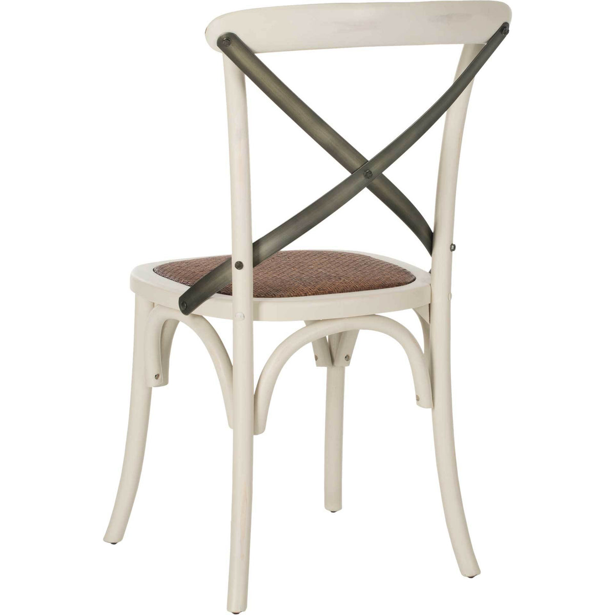 Soft ivory chair frame surrounds a dark metal X-back above a woven rattan seat and elegant arches.