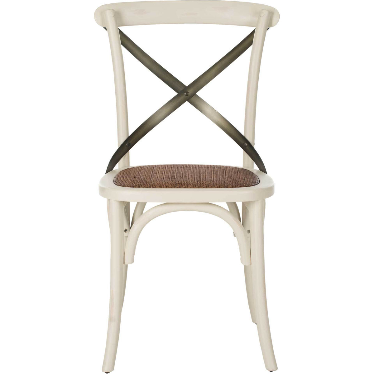 Ivory-finished dining chair balances a dark metal X-back with a textured woven rattan seat. || AMH9501A-SET2 || front_studio