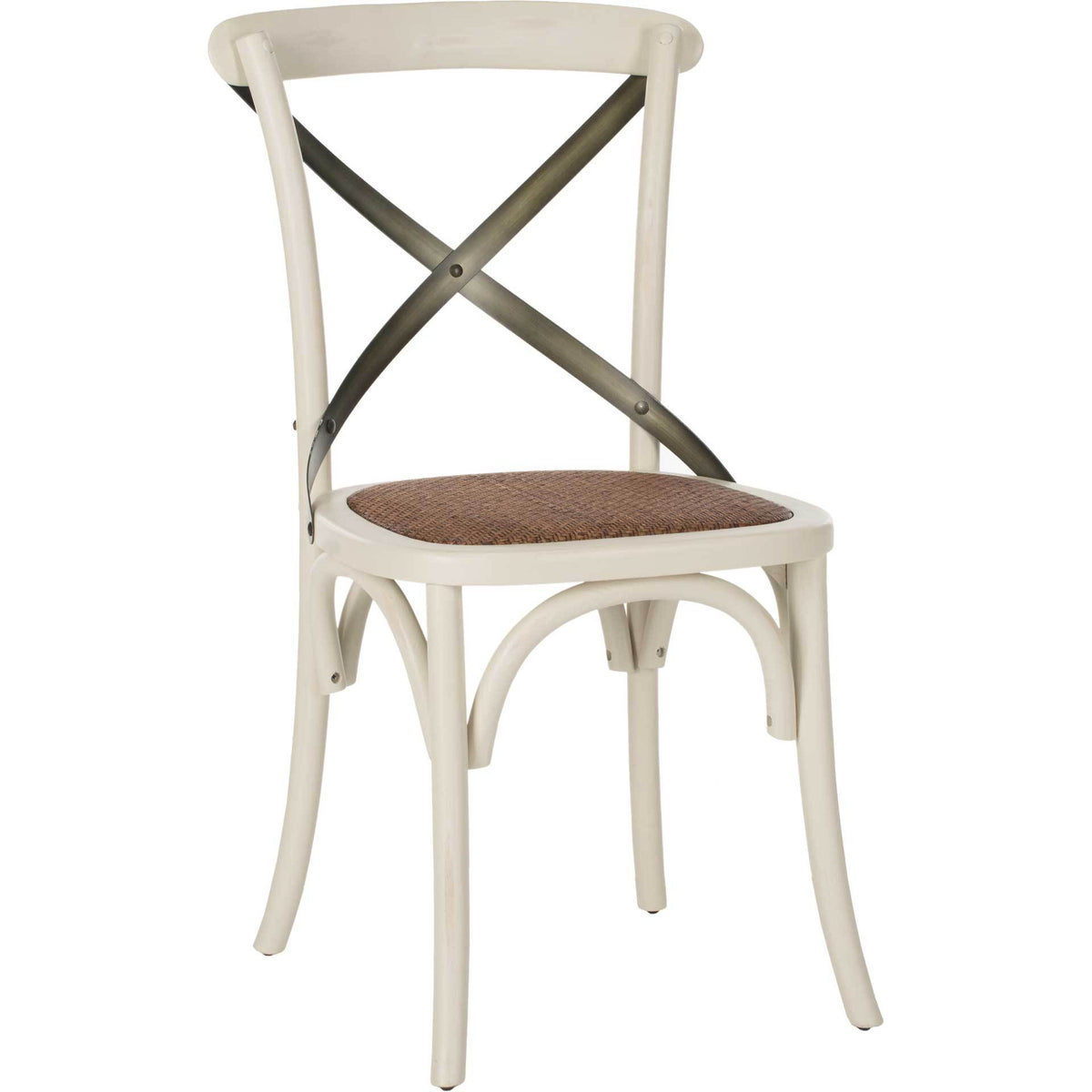 Antique white dining chair pairs a woven rattan seat with a dark metal X-back and curved supports. || AMH9501A-SET2 || front_angle_studio