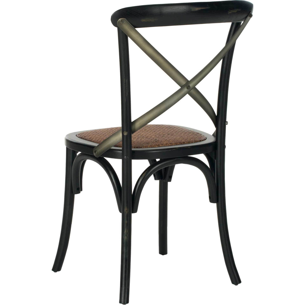 Black dining chair features exposed fasteners on its metal X-back, a curved frame and woven rattan seat.