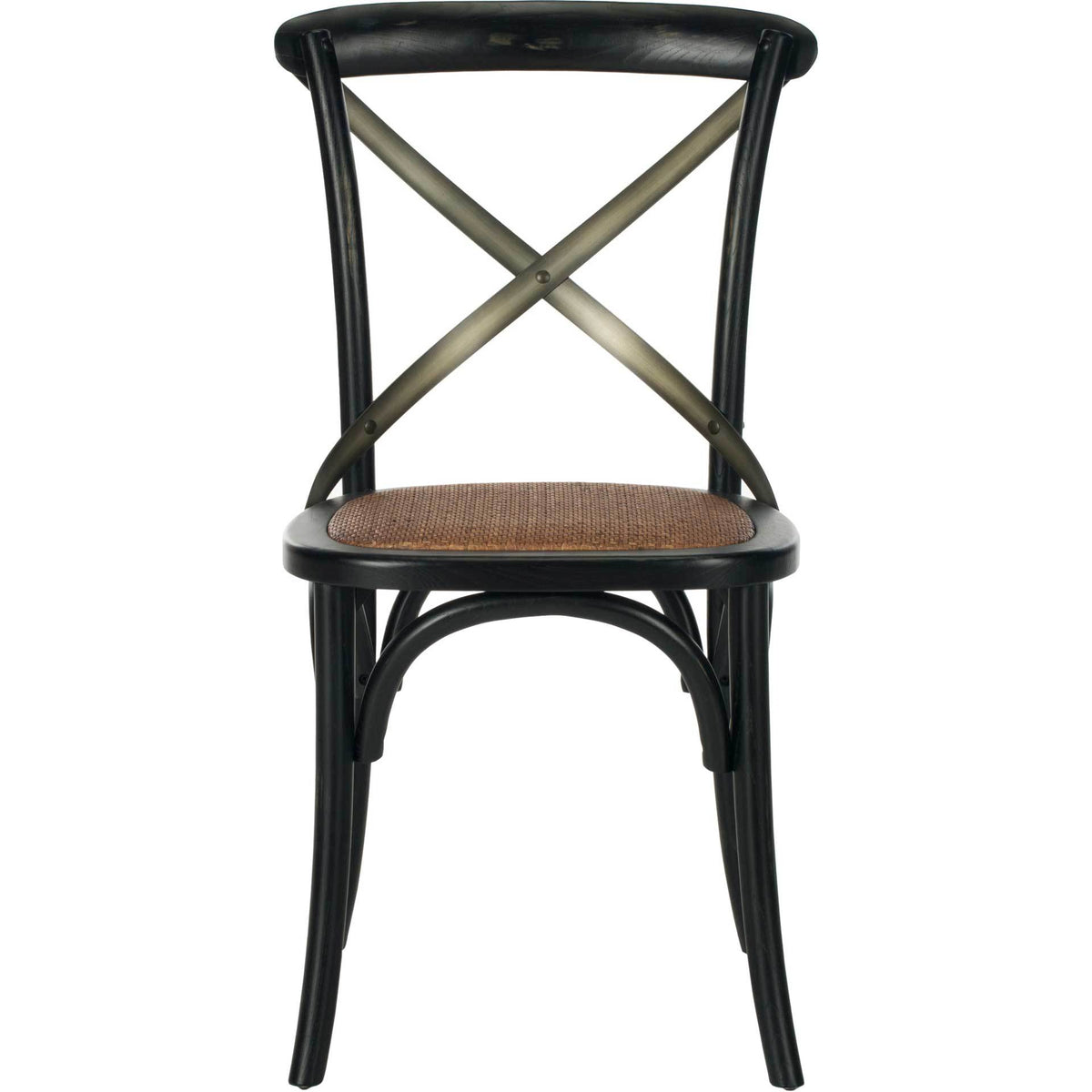 Distressed black dining chair combines a woven rattan seat, metal X-back and arched underseat brace. || AMH9501B-SET2 || front_studio