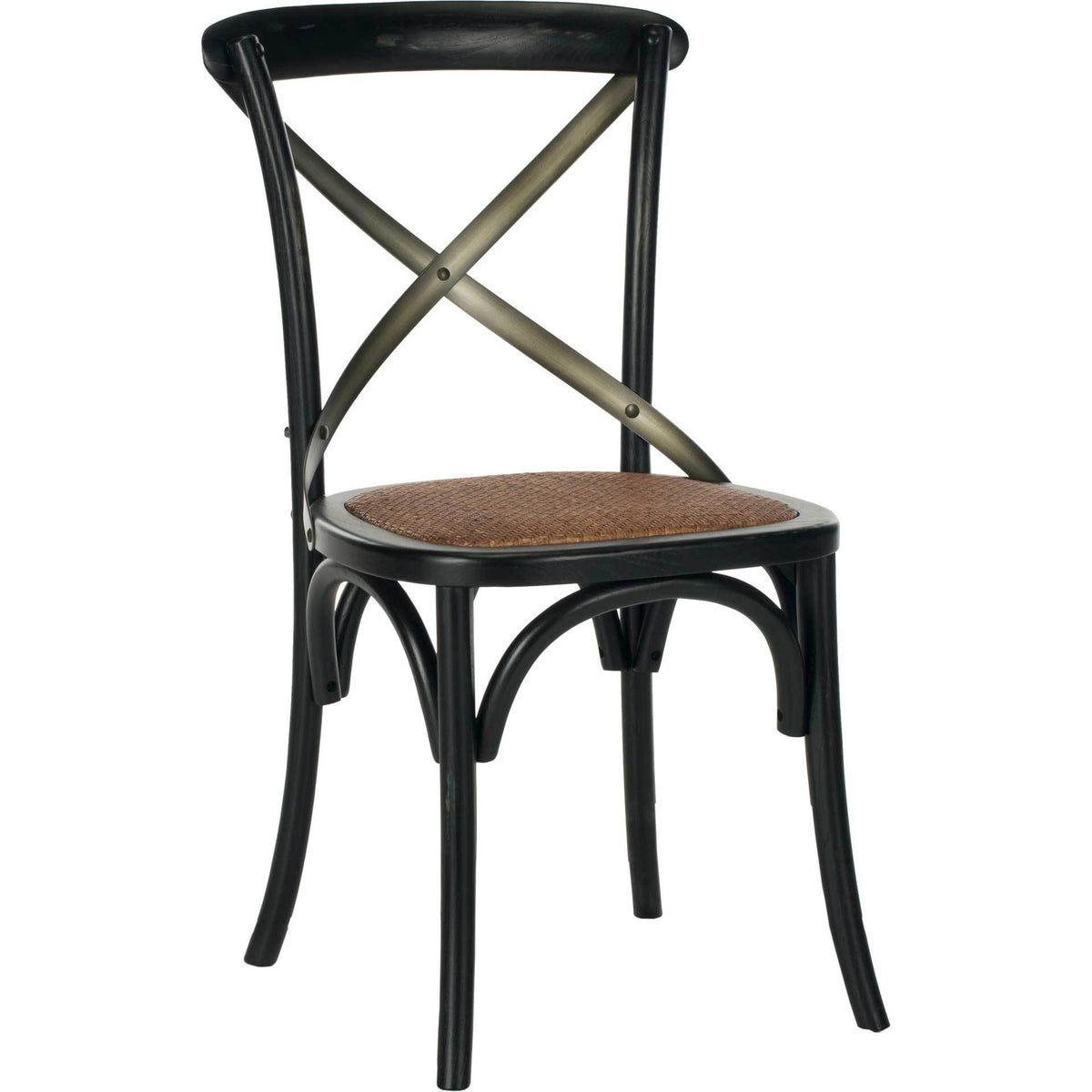 Black dining chair pairs a woven rattan seat with a curved frame and metal X-back. || AMH9501B-SET2 || front_angle_studio