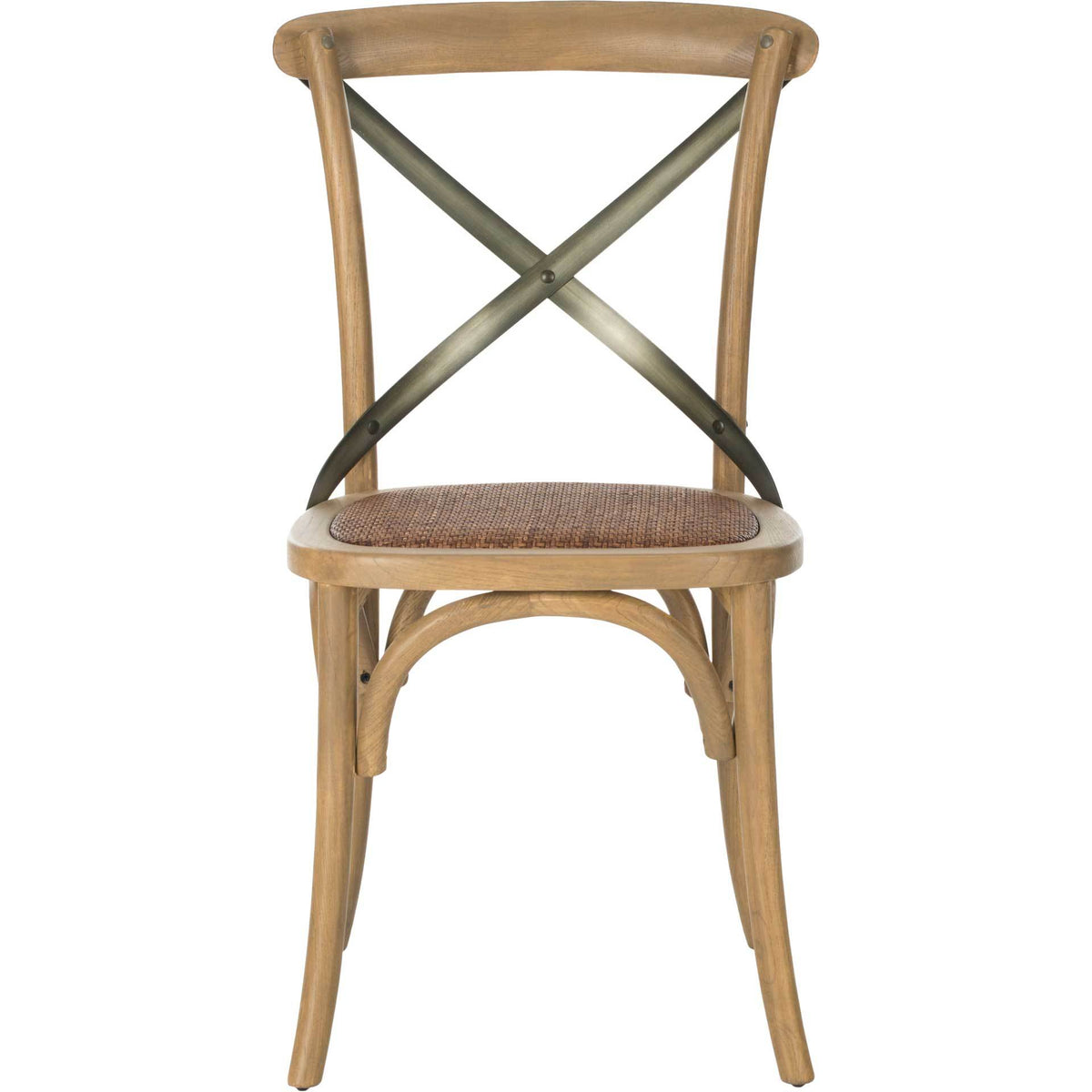 Oak dining chair features a textured rattan seat, crossed metal backrest and graceful underseat arch. || AMH9501C-SET2 || front_studio