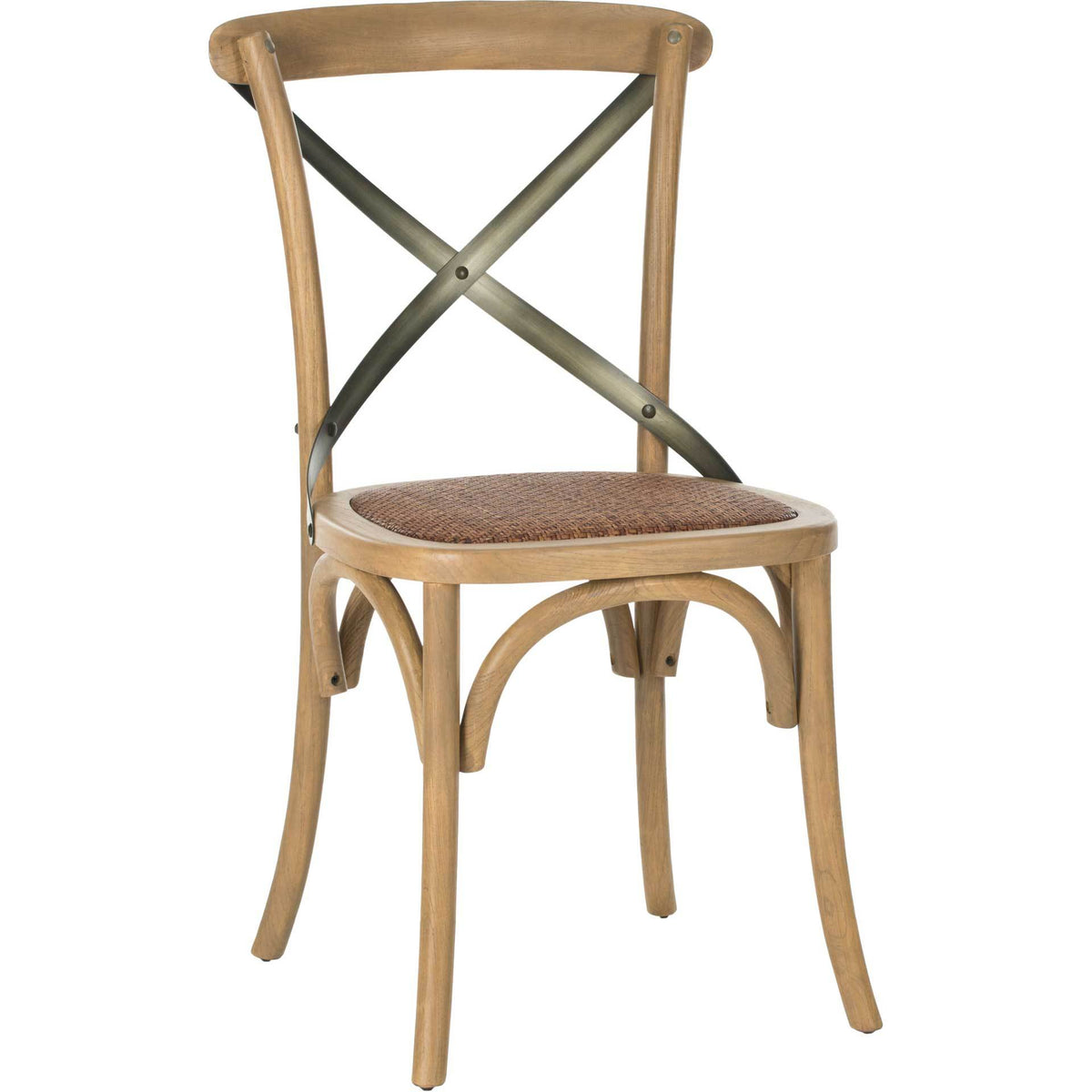 Weathered oak dining chair pairs a woven rattan seat with a metal X-back and curved frame. || AMH9501C-SET2 || front_angle_studio