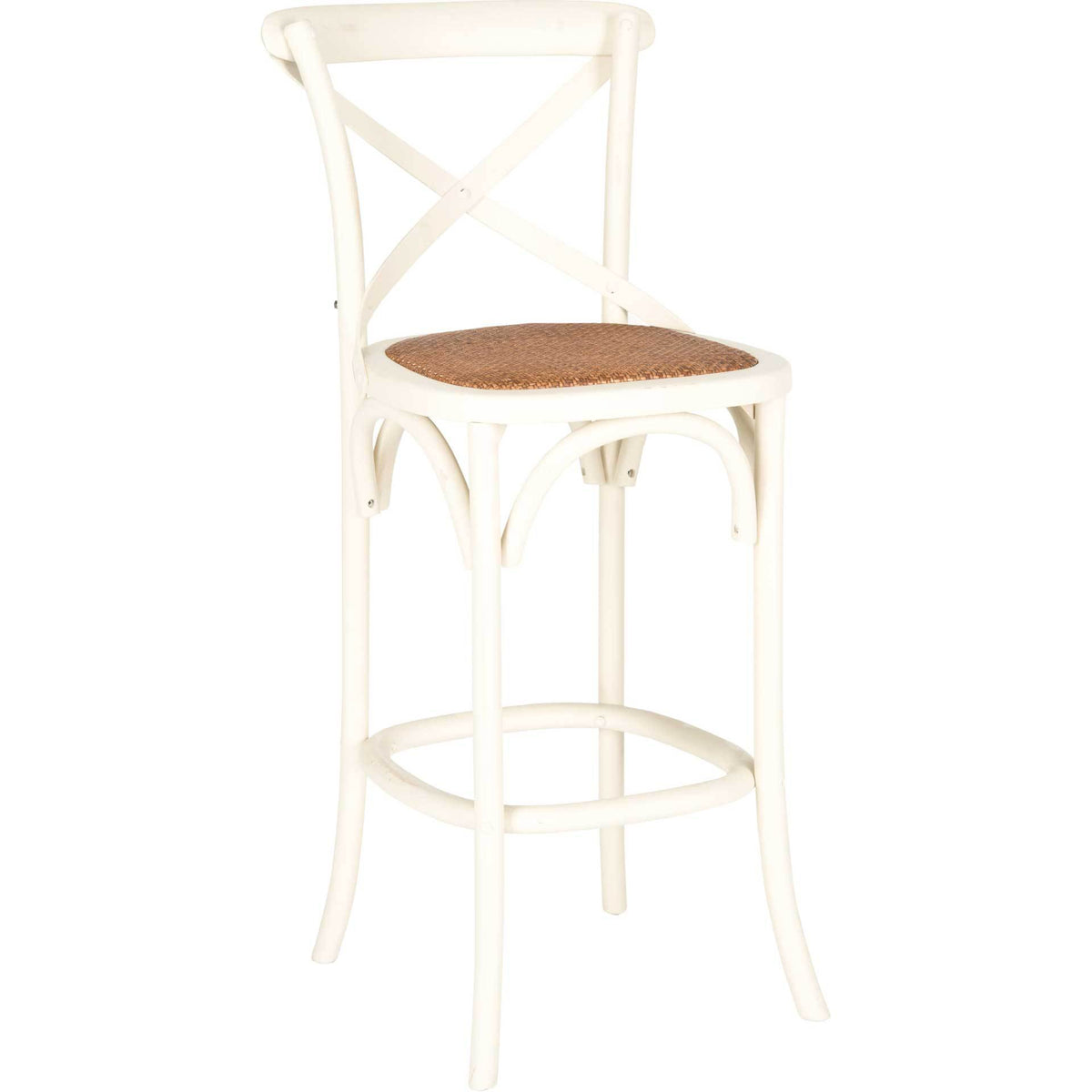 Ivory wood curves into a cross-back bar stool with a warm rattan seat and arched braces || AMH9502A || front_angle_studio