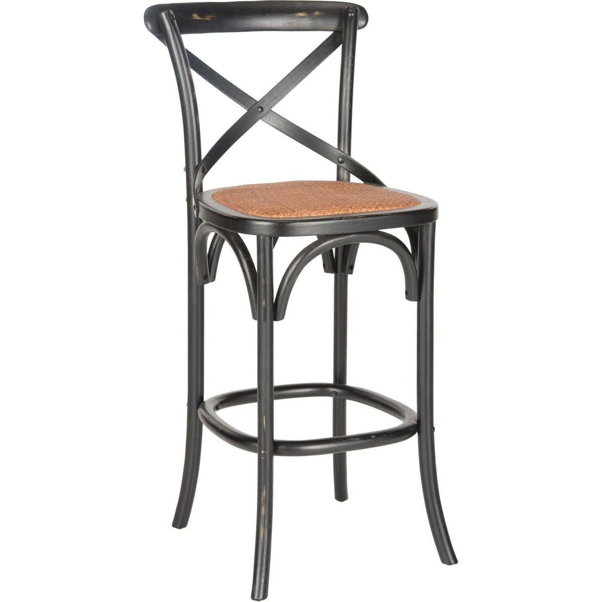 Distressed black wood frames a woven rattan seat, with a cross-back design and rounded footrest || AMH9502B || front_angle_studio