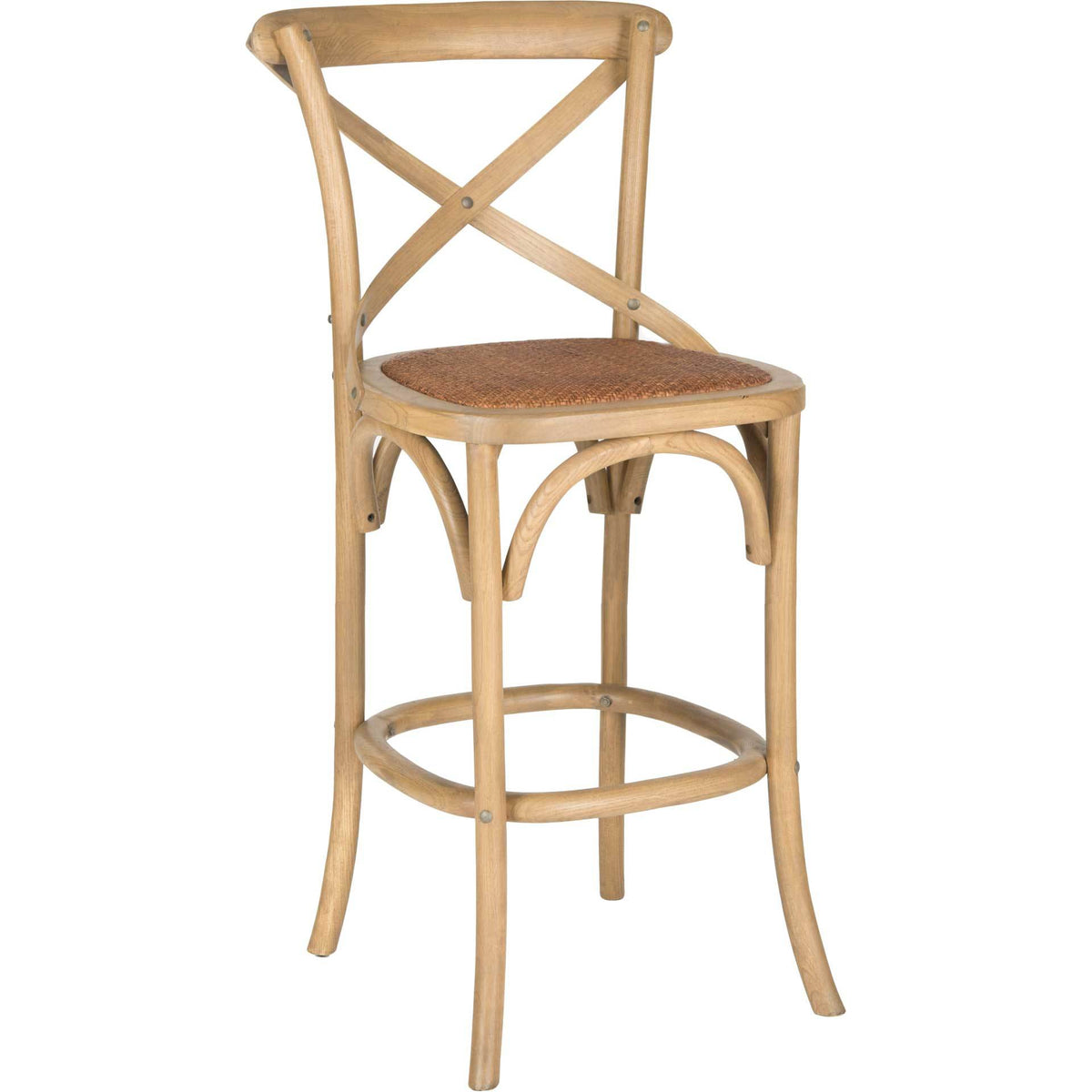 Light oak wood curves into a crossed back and round footrest beneath a woven rattan seat || AMH9502C || front_angle_studio