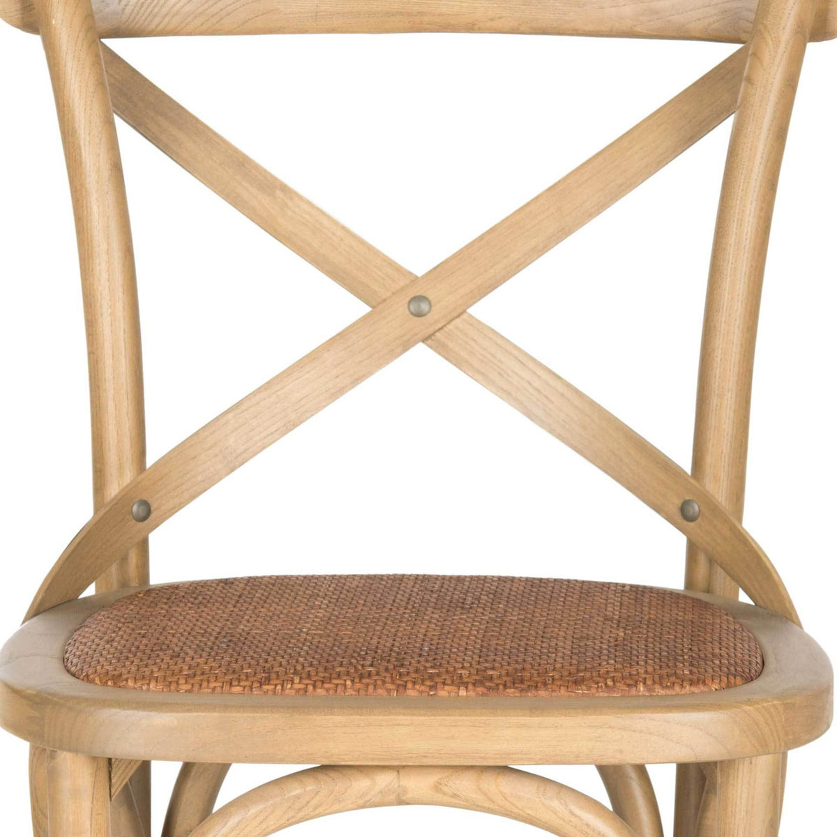 Oak grain and tightly woven rattan showcase the crossed back and gently rounded seat frame