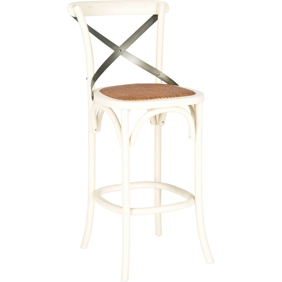 Ivory bar stool features a woven rattan seat, dark metal X-back and curved wood legs || AMH9503A || front_angle_studio