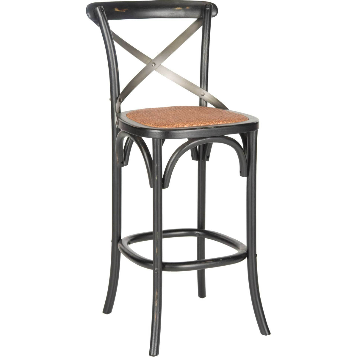 Tall black bar stool features a woven rattan seat, metal X-back and rounded footrest || AMH9503B || front_angle_studio