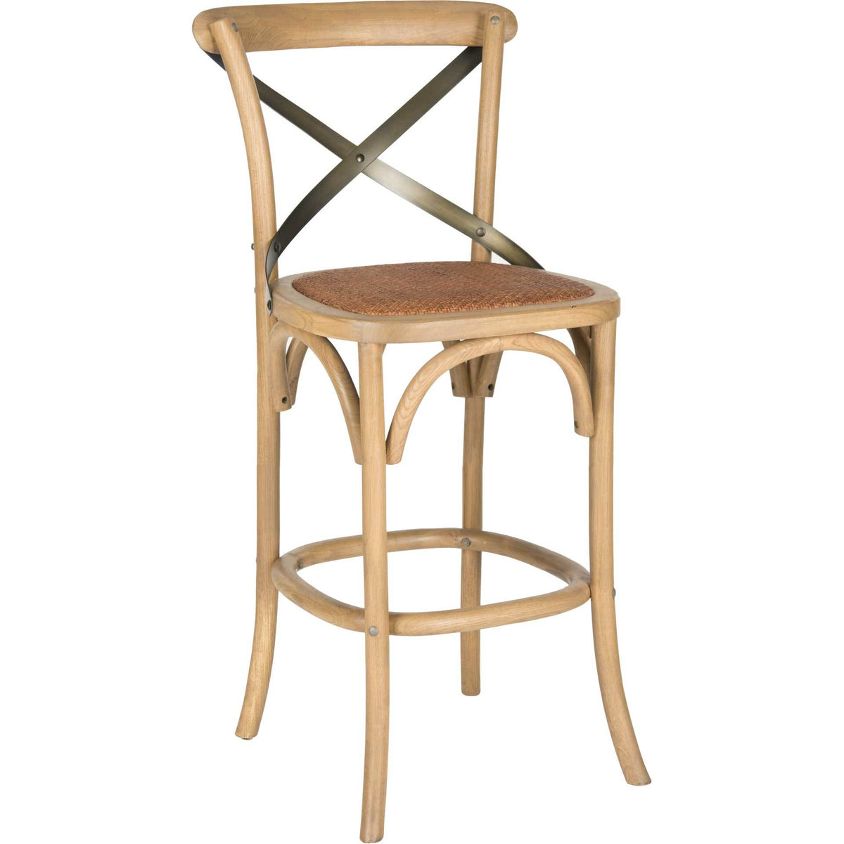 Tall weathered oak bar stool offers a woven rattan seat, dark metal X-back and curved legs || AMH9503C || front_angle_studio