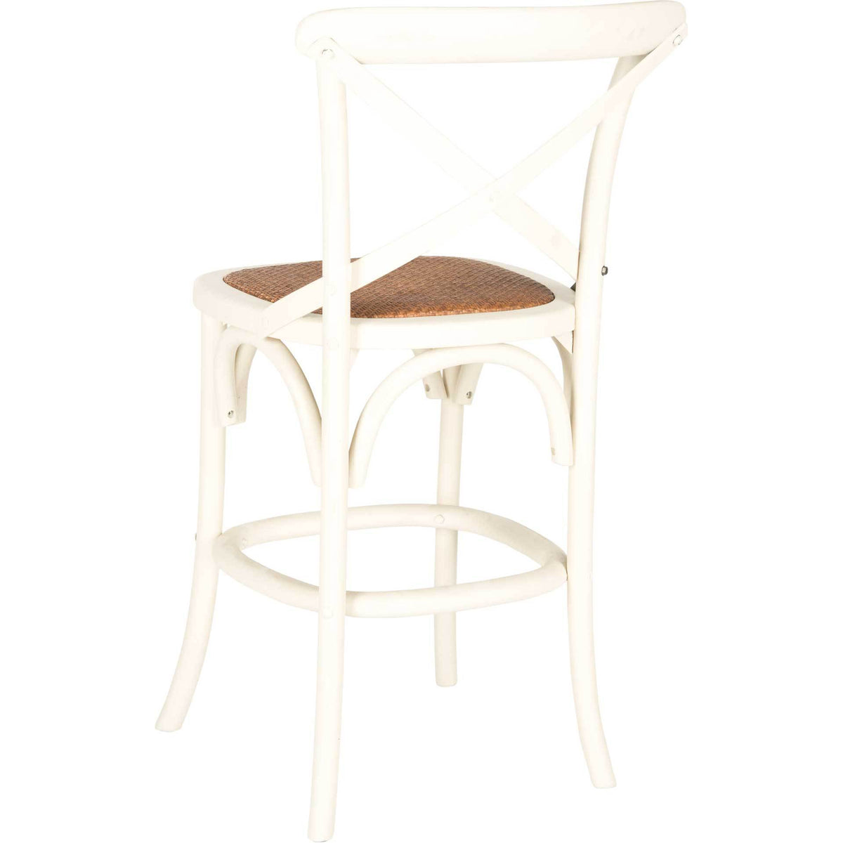 A pale wood X-back frames the natural rattan seat above graceful arched leg supports