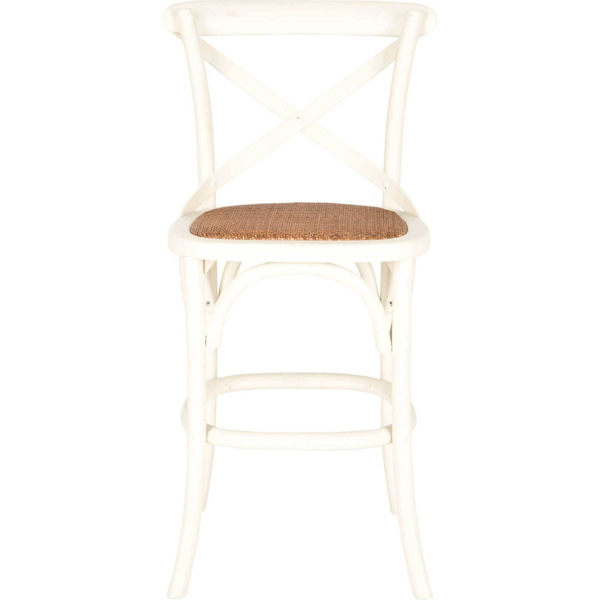 A creamy white counter stool brings together a crisscross back, cane seat, and curved footrest || AMH9504A || front_studio