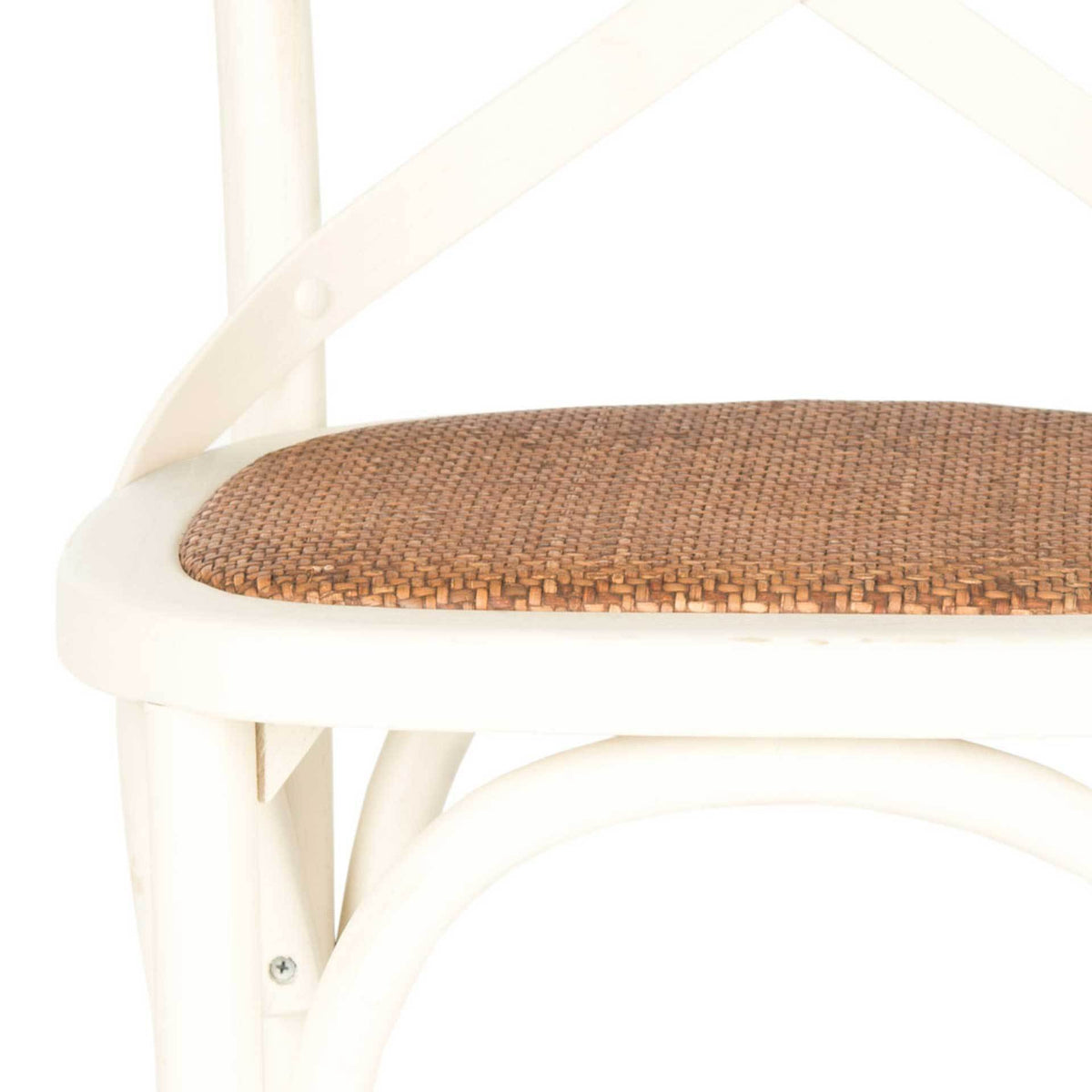 A tightly woven rattan seat contrasts with smooth ivory wood and a curved underseat brace