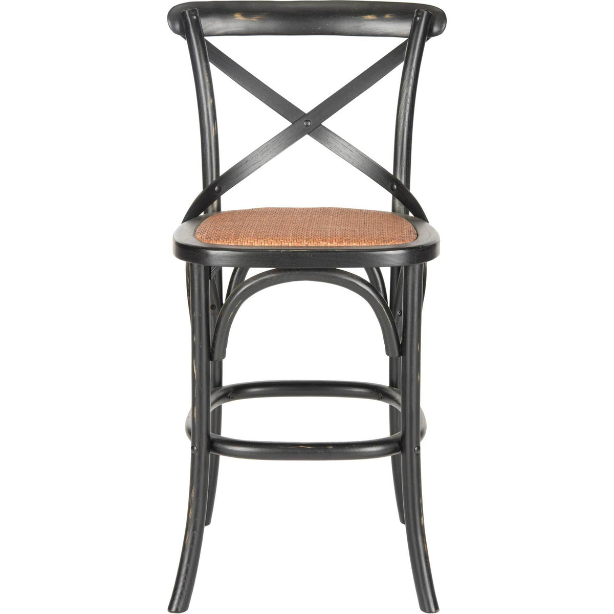 A black counter stool combines an airy X-back with a warm rattan seat and ring-shaped footrest || AMH9504B || front_studio