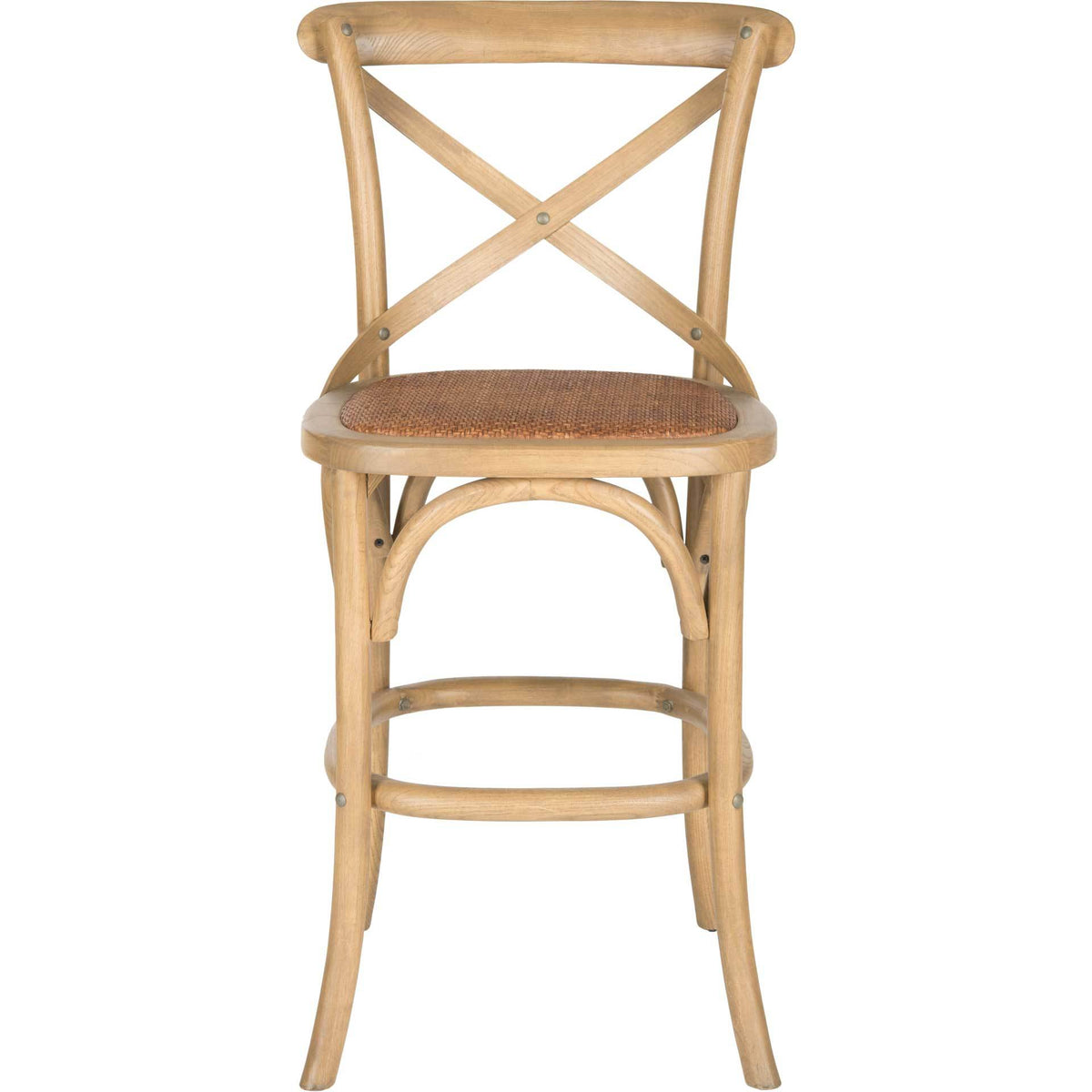 An oak X-back counter stool combines a warm rattan seat with an airy, rounded footrest || AMH9504C || front_studio