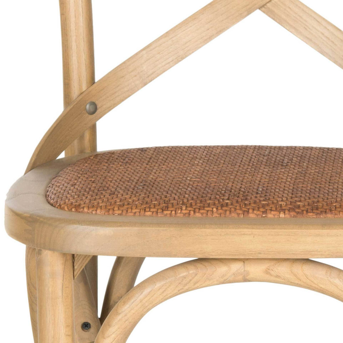 A textured rattan weave is inset into an oak seat framed by softly curved wooden braces