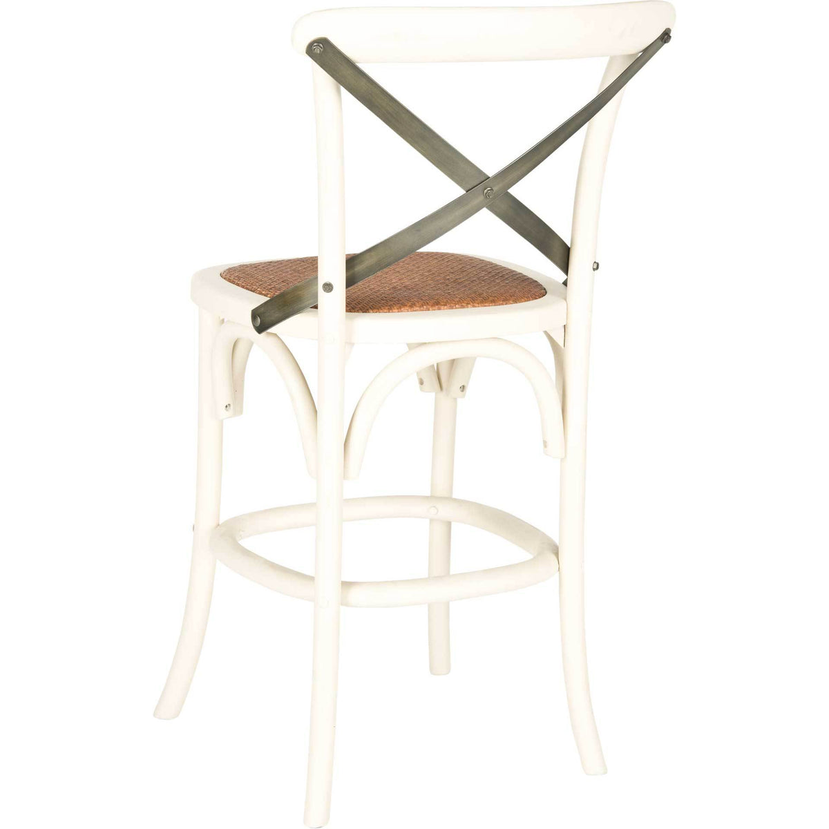Curved ivory wood and a metal X-back frame the warm rattan seat on this counter stool