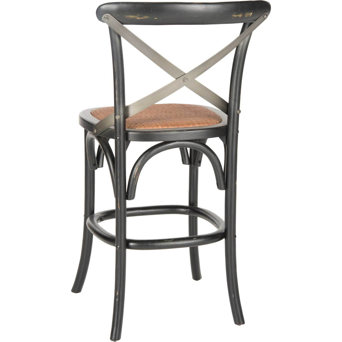 Black wood frame and metal cross-bracing bring airy detail to this rattan-seat counter stool