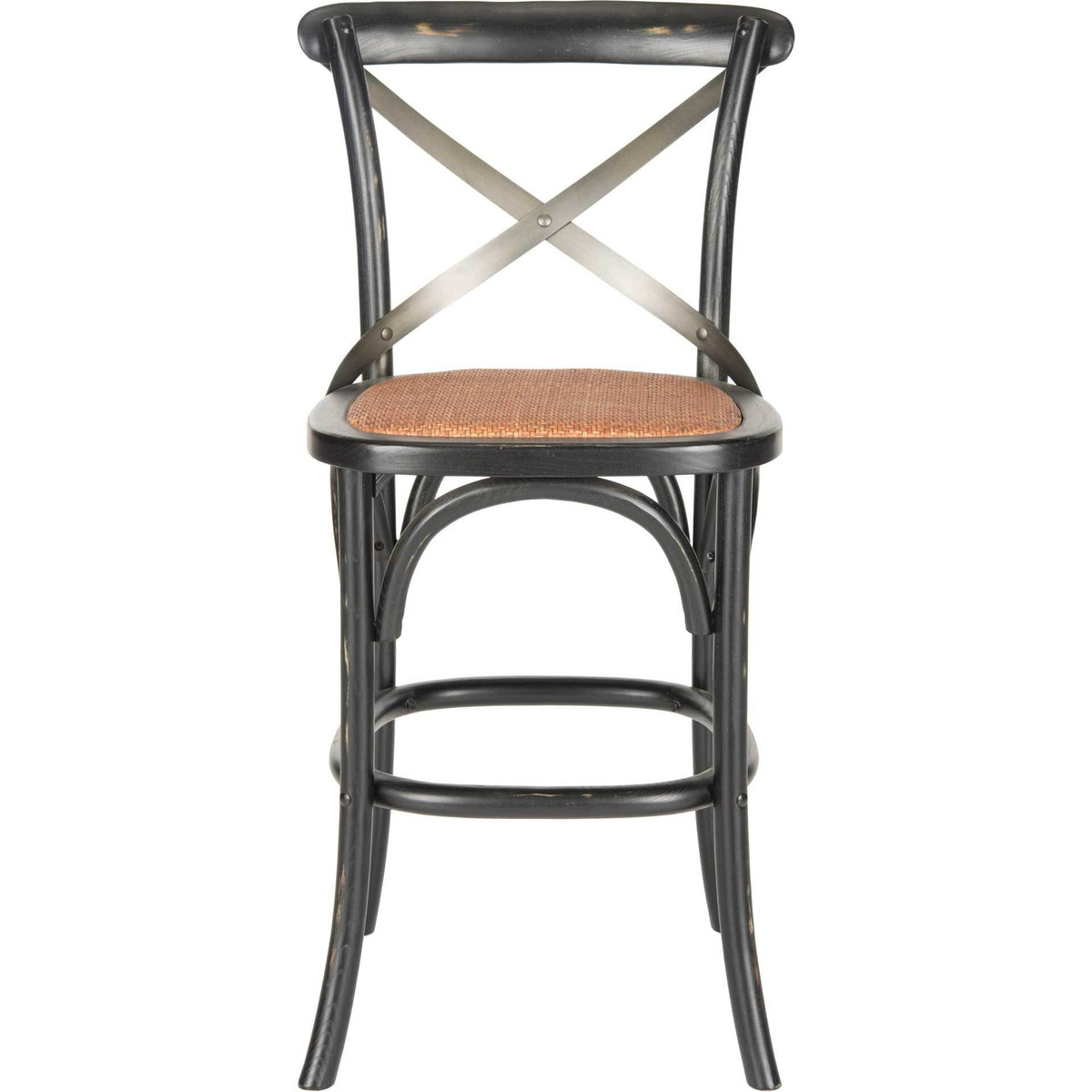Black counter stool combines a rattan seat, crossed metal back and arched supports beneath the seat || AMH9505B || front_studio