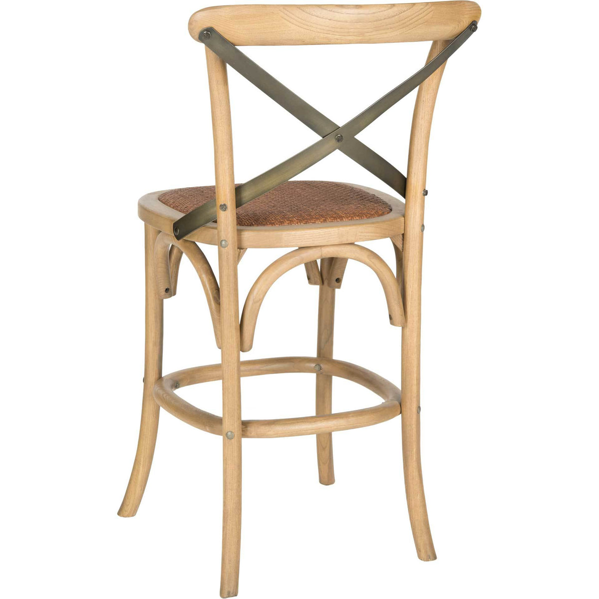 Warm oak back posts meet metal X-bracing above the woven seat of this counter stool