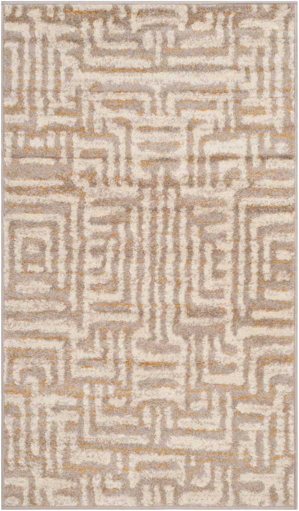 Soft mauve pathways wind across a compact ivory rug with modern appeal.