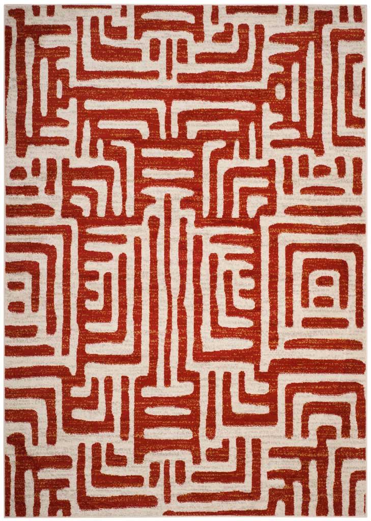 Warm terracotta geometric lines bring bold contrast to an ivory rug.