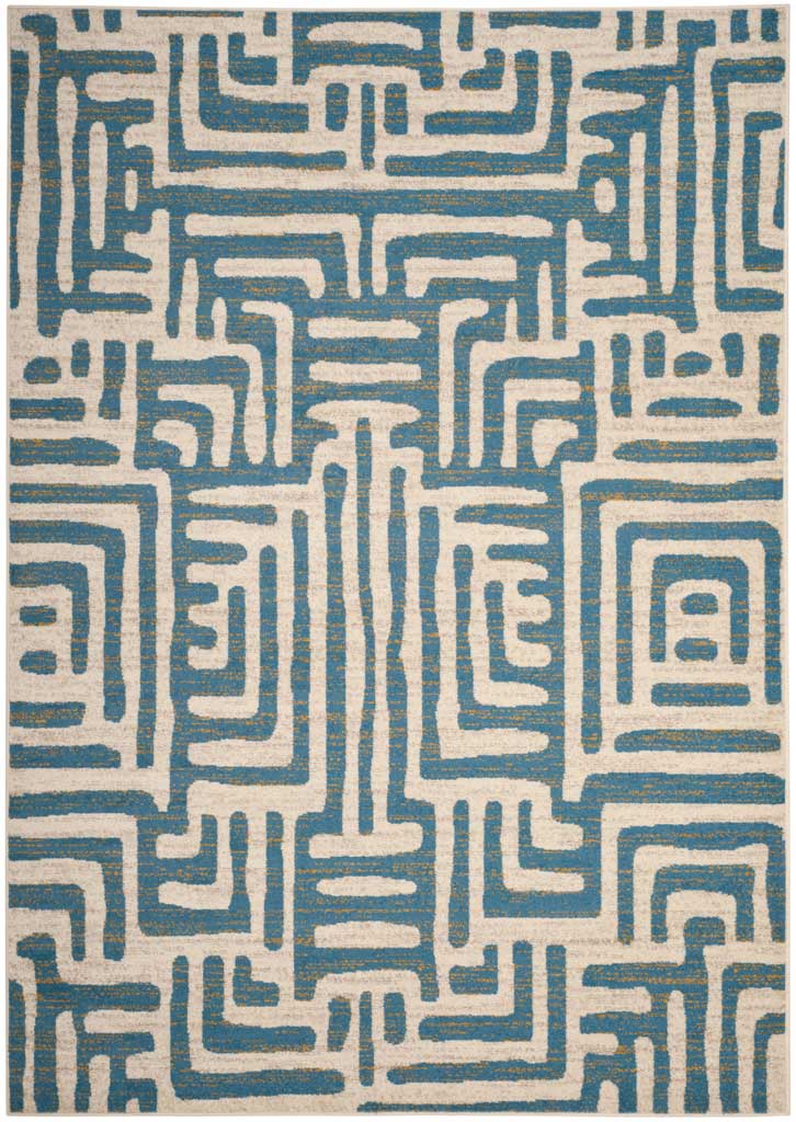 An ivory ground sets off intricate light blue lines and geometric curves.