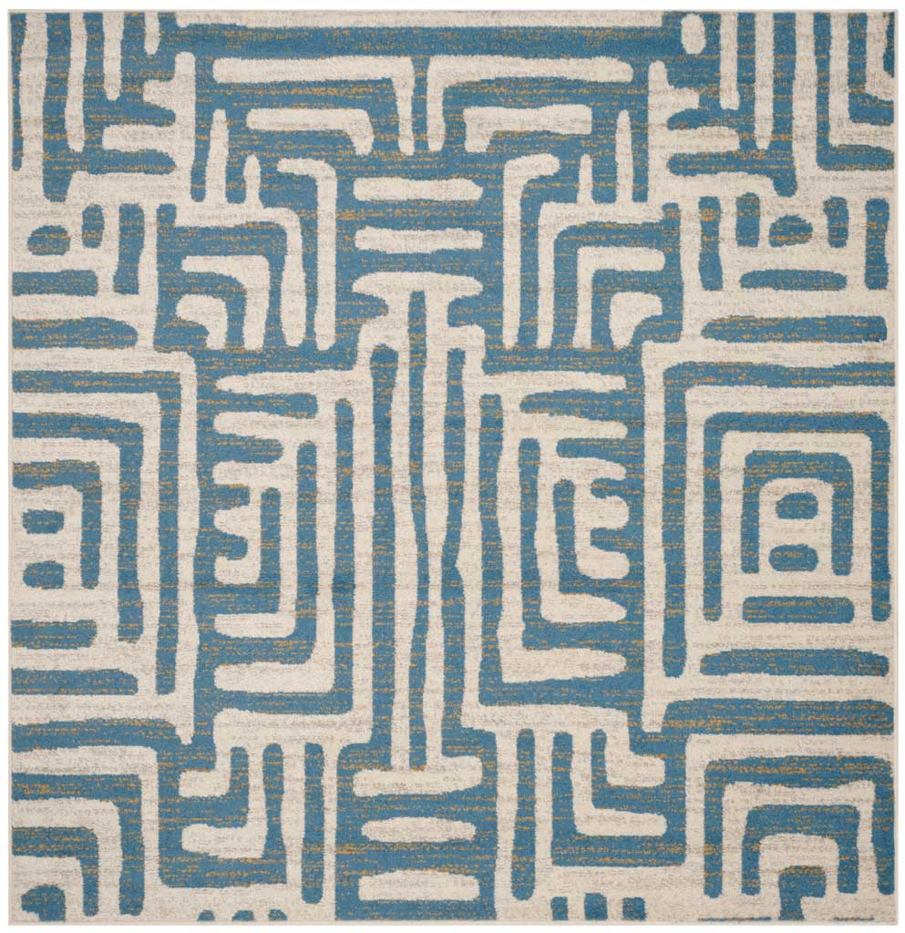 A square ivory rug pairs light blue pathways with an interlocking geometric design.