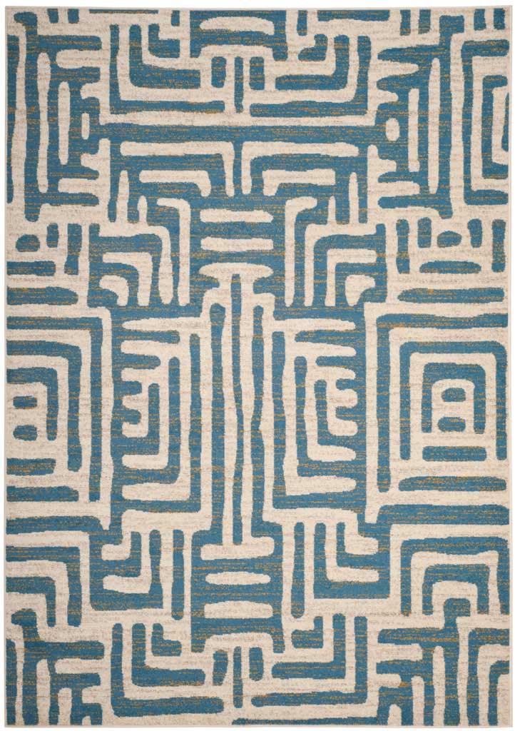 Angular light blue lines form a maze-like pattern across an ivory rug.