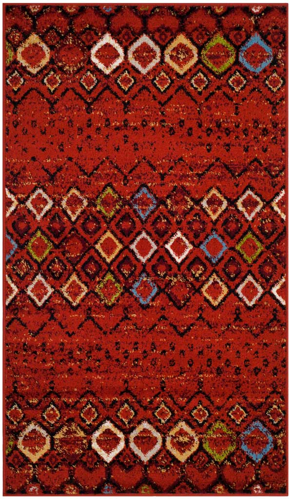 Terracotta 3 x 5 ft rug with bright multicolor diamonds and small black dotted motifs