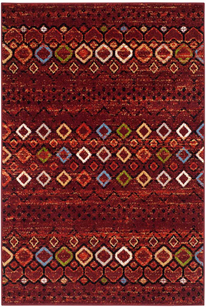 Terracotta 4 x 6 ft rug with rhythmic diamond bands in cream, blue and green