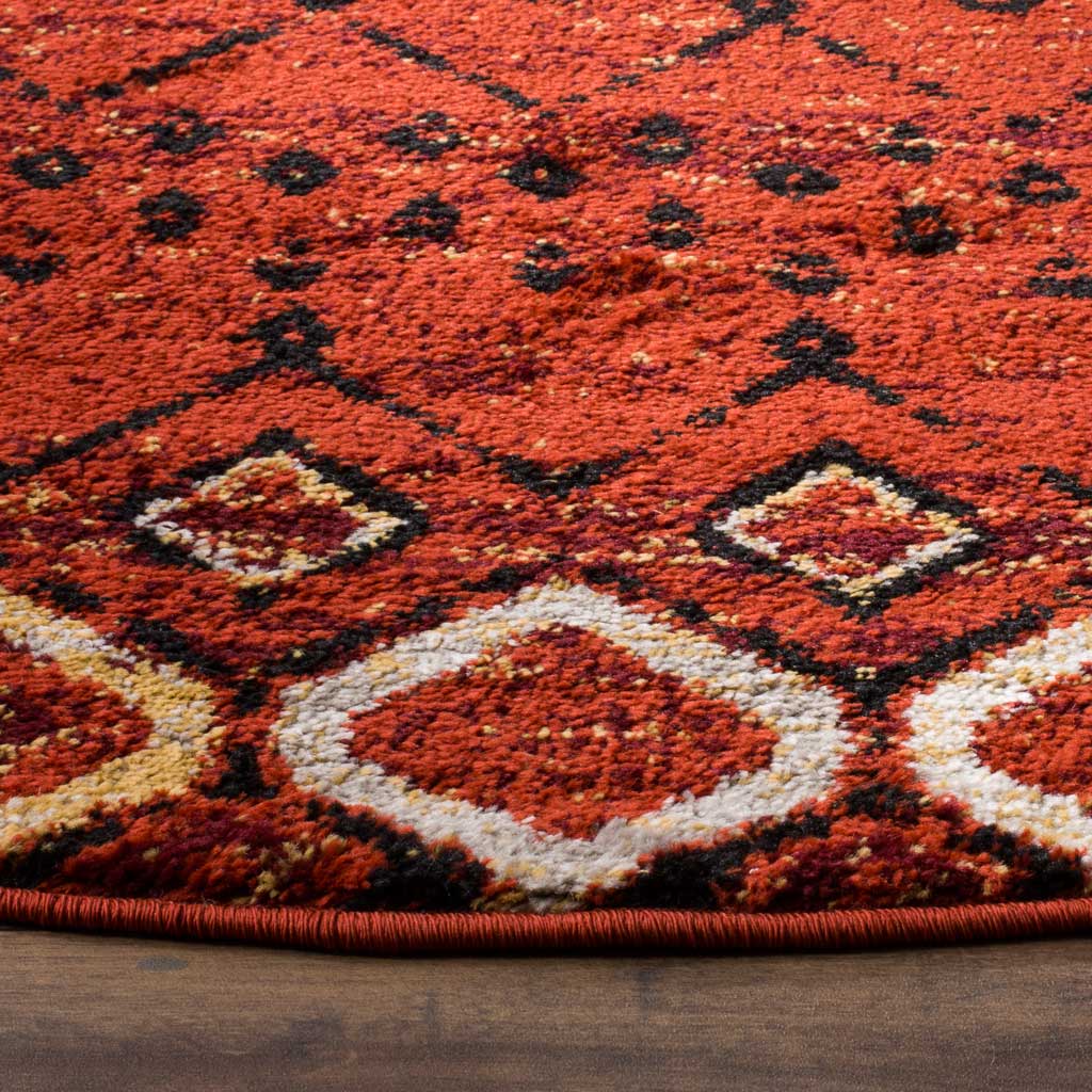 Textured terracotta pile features cream-outlined diamonds and a cleanly finished edge
