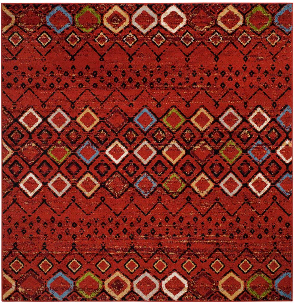 Terracotta 6 ft 7 in square rug with cream, blue and green geometric diamonds